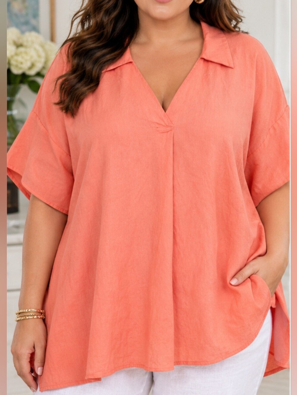 Chico's Women's V-Neck Blouse Relaxed Fit Cotton Combo Coral Pink XXL